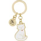 Schlüsselanhänger. Text "Du meins" auf rundem Anhänger. Daneben lächelnde Katze in Weiß mit rotem Herz-Halsband.