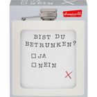 "Bist du betrunken? Ja, Nein." Ein rotes X markiert deutlich das "Nein". Oben rechts ein Logo in einer Ecke.