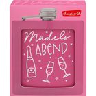 Aufschrift "Mädelsabend" mit Illustrationen von Sektflasche und -gläsern, in Pink gehalten. Oben links ein silberner Verschluss.