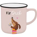 "Für Dich" steht auf einer hellrosa Tasse mit einem fröhlichen Hund, der eine Blume hält.