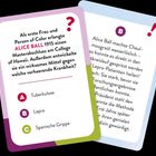 Text auf der linken Karte: Alice Ball erlangte 1915 einen Masterabschluss und entwickelte ein Mittel gegen Lepra (B). Rechter Text beschreibt ihre Errungenschaft.