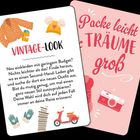 Links: "VINTAGE-LOOK" mit Kleidung, rechts: "Packe leicht, träume groß", Kamera-Illustration.