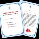 Zwei Karten mit blauen Rändern. Vorderseite: "Ein hölzernes Bauwerk am Hafen von Cuxhaven heißt...?" Optionen A, B, C.