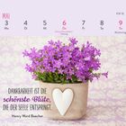 Kalenderseite mit Mai-Wochen, Spruch: „Dankbarkeit ist die schönste Blüte, die der Seele entspringt.“ Topf mit lila Blumen.