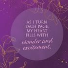 „As I turn each page, my heart fills with wonder and excitement.“ Goldene Blumen auf lila Hintergrund.