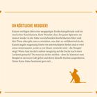 Der Text "OH KÖSTLICHE NEUGIER!" spricht über die Neugier und Naschhaftigkeit von Katzen. Rechts unten ist eine Katzenillustration. 