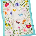 Kunstvolle Illustration mit bunten Blumen und Schmetterlingen, umrahmt von einem türkisfarbenen Rand.