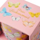 Text: "Mein Glücksmoment". Illustration: Bunte Schmetterlinge auf rosa Hintergrund.