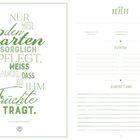 Links Spruch: "Nur wer den Garten sorglich pflegt, weiß auch, dass er ihm Früchte trägt." Rechts Rezeptvorlage.