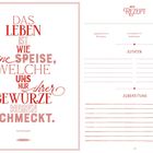 Links ein Zitat über das Leben von Victor Hugo, rechts eine leere Rezeptseite mit Platz für Zutaten und Zubereitung.