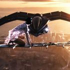 Eine futuristische Szene zeigt eine Person auf einer schmalen Plattform vor einem fliegenden Fahrzeug, mit einer Stadt im Hintergrund.