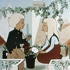 Illustration: Zwei Kinder sitzen auf einem Dach, umgeben von Pflanzen und Blumentöpfen, beim Plaudern.