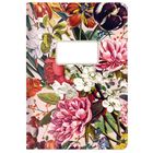 Leeres weißes Textfeld. Illustration vieler bunter Blumen auf einem Notizbuchcover.