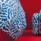 Kein Text vorhanden. Blau-weißes, wellenförmiges Muster auf einem Schirm und einer Tasche vor rotem Hintergrund.