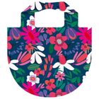 Illustration einer Tasche mit buntem Blumenmuster auf dunkelblauem Hintergrund.