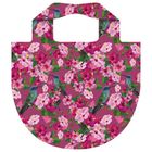 Ein Muster aus rosa Blüten und bunten Vögeln auf einem fuchsiafarbenen Hintergrund in Form einer Tragetasche.