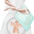 Etikett mit Text "ICH PASSE AUF DICH AUF", Engel-Illustration in einem weißen Organzabeutel, rosa Schleife.