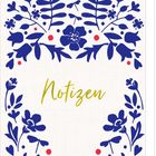 "Notizen" in goldener Schrift. Blaue florale Muster mit Blumen und einem Hahn, rote Akzente. Spiralblock.