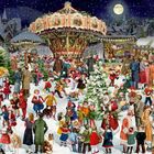 Illustration eines lebhaften Weihnachtsmarkts bei Nacht mit Kindern, die spielen, einem geschmückten Karussell und Marktständen.