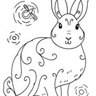 Ein Hase mit dekorativen Mustern, umgeben von Blättern und einer fliegenden Biene, schwarz-weiß illustriert.