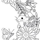 Zwei niedliche Hamster mit Kronen zwischen großen Blumen und Schmetterlingen. Eine verspielte Illustration.