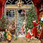 Illustration: Fröhlicher Weihnachtsmarkt mit Karussell, Verkaufständen und einer Menschenmenge, Schneefall und Vollmond im Hintergrund.