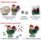 Ein Set mit 2 Figuren: Schaf und Hahn, Steckfüßen, über 150 Pompons; Anleitung zur Verwendung mit Pompons.