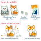 Dieses Set enthält Figuren einer Eule und eines Fuchses, Steckfüße und über 150 Pompoms in 4 Farben. Anleitung unten.