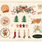 „Kling Glöckchen“, „Silent Night“. Weihnachtliche Illustrationen: Kerzen, Tannenbäume, Lebkuchenmännchen, Orangen.