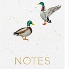„NOTES“ in goldener Schrift. Illustration mit fliegenden und stehenden Enten, goldene Punkte, Spiralbindung oben.