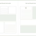 „Ziele und Wünsche für das Jahr“ steht oben auf beiden Seiten. Viele leere, verschiedene Rahmen für Notizen.