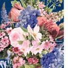 Marjolein Bastin. Illustration eines bunten Blumenstraußes auf dunkelblauem Hintergrund mit pinkem Rand oben.