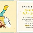 Texte über einen Engel der Fröhlichkeit, der Freude und Glück wünscht. Illustration eines Engels auf gelbem Hintergrund.