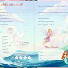 Doppelseitige Illustration mit Textfeldern zum Ausfüllen. Feen, Meerjungfrau und Blumen schmücken das Bild. Farbenfrohes Design.