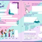 Zweifarbiger Hintergrund; Textfelder zum Ausfüllen; Illustrationen einer Hexe, Besen, Kristallkugel und Figuren.