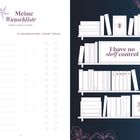 Linke Seite: "Meine Wunschliste", "Erscheinungstermin", "Gekauft", "Gelesen". Rechte Seite: "I have no shelf control". Illustration mit Bücherregalen.