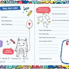 Vordruck zum Ausfüllen über sich selbst mit Fragen zu Name, Spitzname, Geburtstag, Lieblingsbuch und mehr, umrahmt von Monstern.