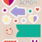 Texte: "mein Leben ist SCHÖN", "FRIENDS FOREVER". Farbenfrohe Sticker: Herzen, Pfeil, Sterne, Smiley, Peace-Zeichen.