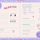 Ein Fragebogen mit Kategorien wie Name, Geburtstag, Hobbys, Lieblingsfach, Haar- und Augenfarbe. Enthält Smileys.