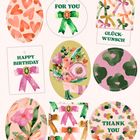 Geschenkanhänger mit Texten wie "FOR YOU", "GLÜCKWUNSCH", "HAPPY BIRTHDAY", "THANK YOU". Illustrationen mit Schleifen und Blumen.