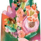 Illustration einer Geschenktüte mit Blumen und Herzkarte. Bunter Blumenstrauß und eine Hand, die ihn hält.