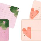 Karten mit Linien, grünen und rosa Herzen sowie goldenen Punkten, vorwiegend in Rosa- und Grüntönen.