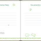 Links: „Die Wünsche meiner Paten“. Rechts: „Das wünschen mir meine Eltern“. Grüne Illustrationen von Schmetterlingen und Schafen.