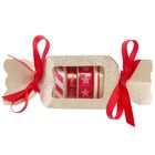 Eine dekorative Verpackung mit rotem Band, darin rote und weiße Washi-Tapes mit Stern- und Streifenmustern.