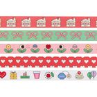 "Happy Birthday" auf Kuchenstücken, farbige Schleifen, stilisierte Blumen, Herzen, Symbole wie Daumen hoch und Luftballons.