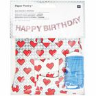 Text auf der Verpackung: "Paper Poetry", "Girlande Happy Birthday/Herzen". Motiv: rote Herzen, blaue Schnur.