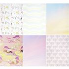Sechs Bereiche: zarte Blumenmuster, wellenartige Streifen, pastellfarbener Himmel, Wolkenillustration und florales Design.