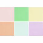 Sechs bunte Quadrate: rosa, grün, gelb oben; orange, blassblau, lila unten, alle Pastelltöne.