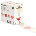 120 Sticker auf Rolle mit Herz- und Sternmotiven. Text: "HIER ZIEHEN". Weißer Hintergrund, rote und goldene Designs.