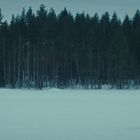 Eine Person sitzt auf einem Klappstuhl auf einem verschneiten Feld vor einem Wald, neben ihr eine Thermoskanne.